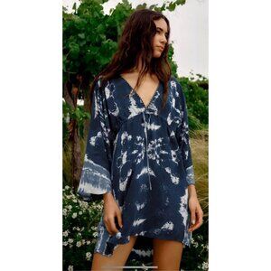 Zara Dress Women Small Blue White Tie Dye V Neck Boho Hippie Babydoll Mini